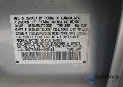2004 Honda Pilot Ex-L from USA, damaged, VIN 2HKYF18544H606482